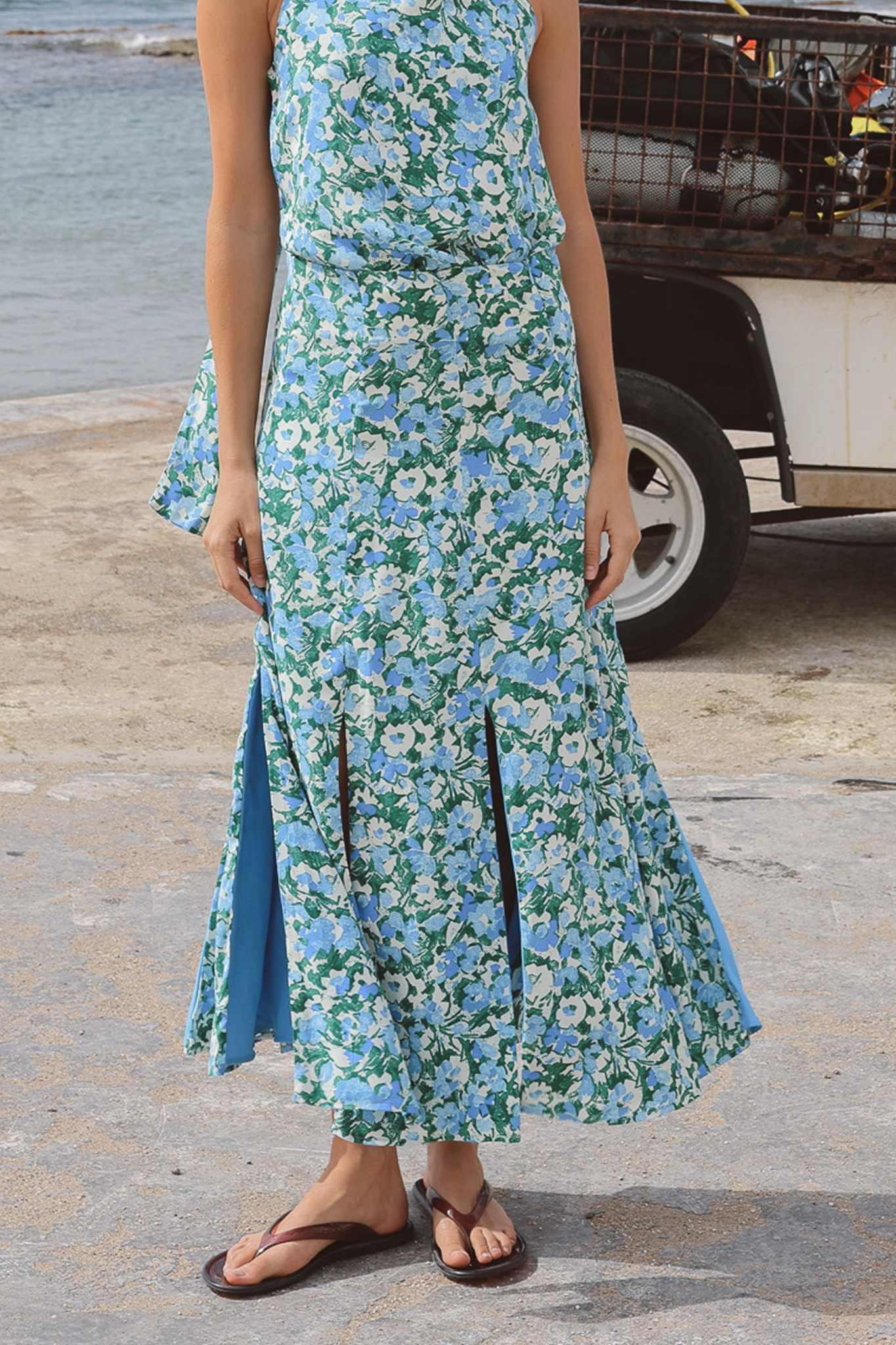 Falda Positano Flores Azul y Verde