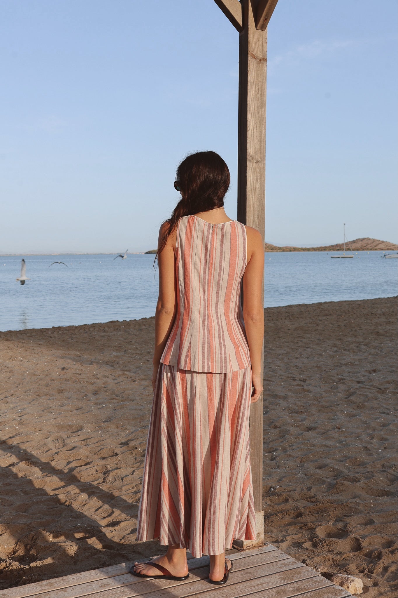 Top Ola Rayas Coral y Lila