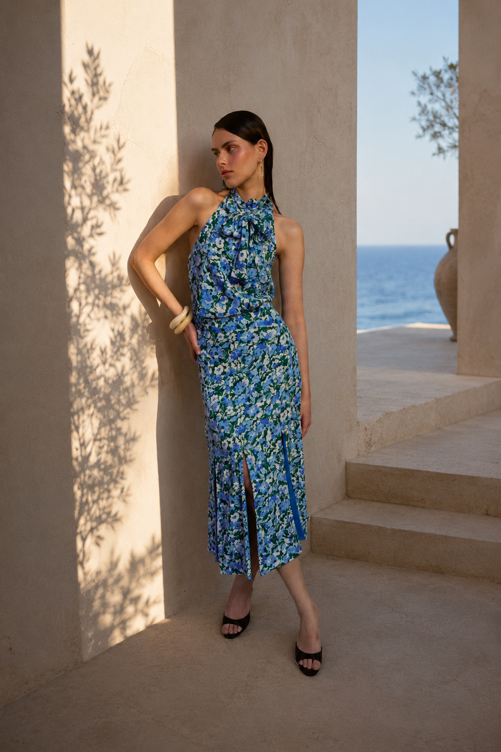 Falda Positano Flores Azul y Verde