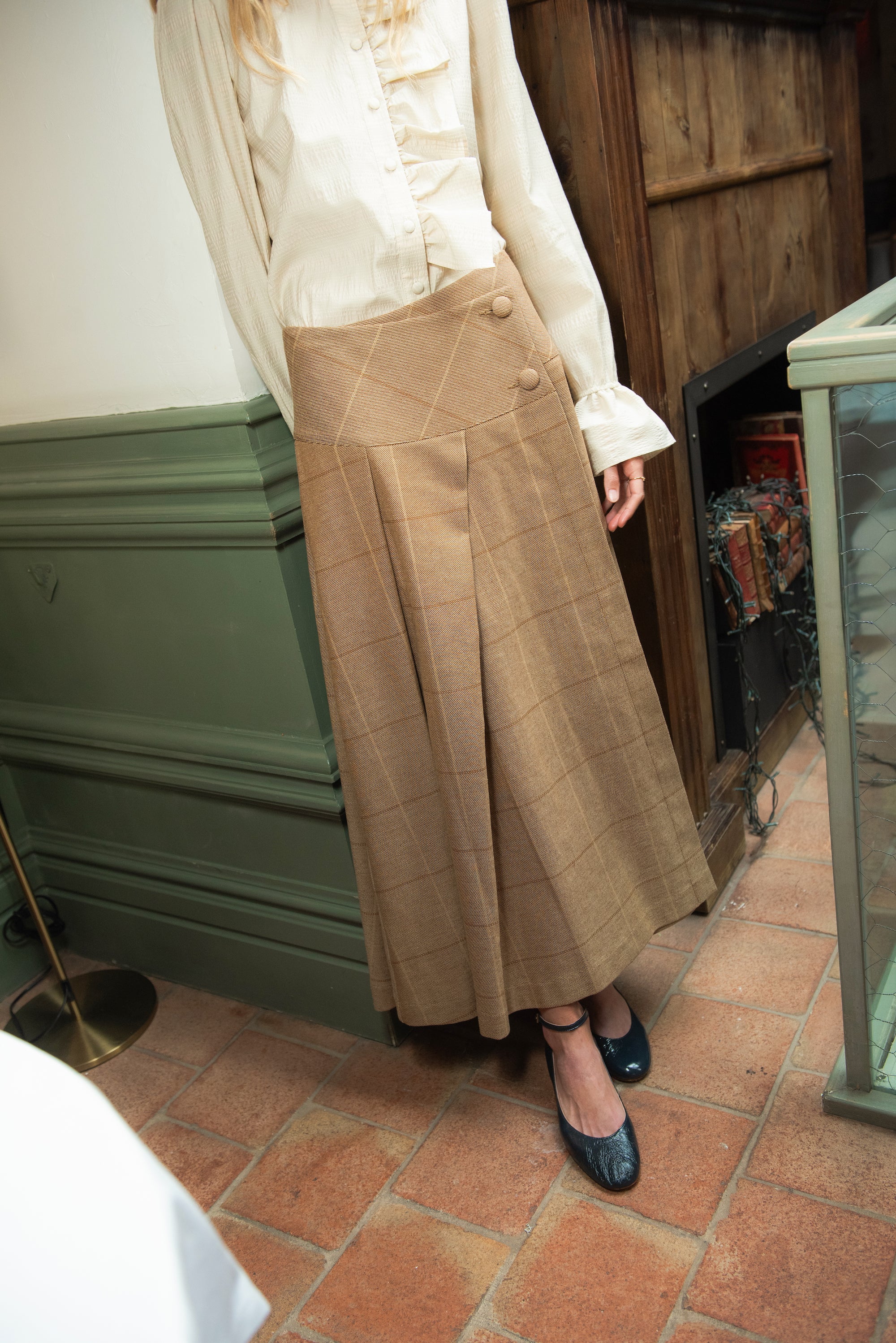 Beige Checkered Wrap Skirt