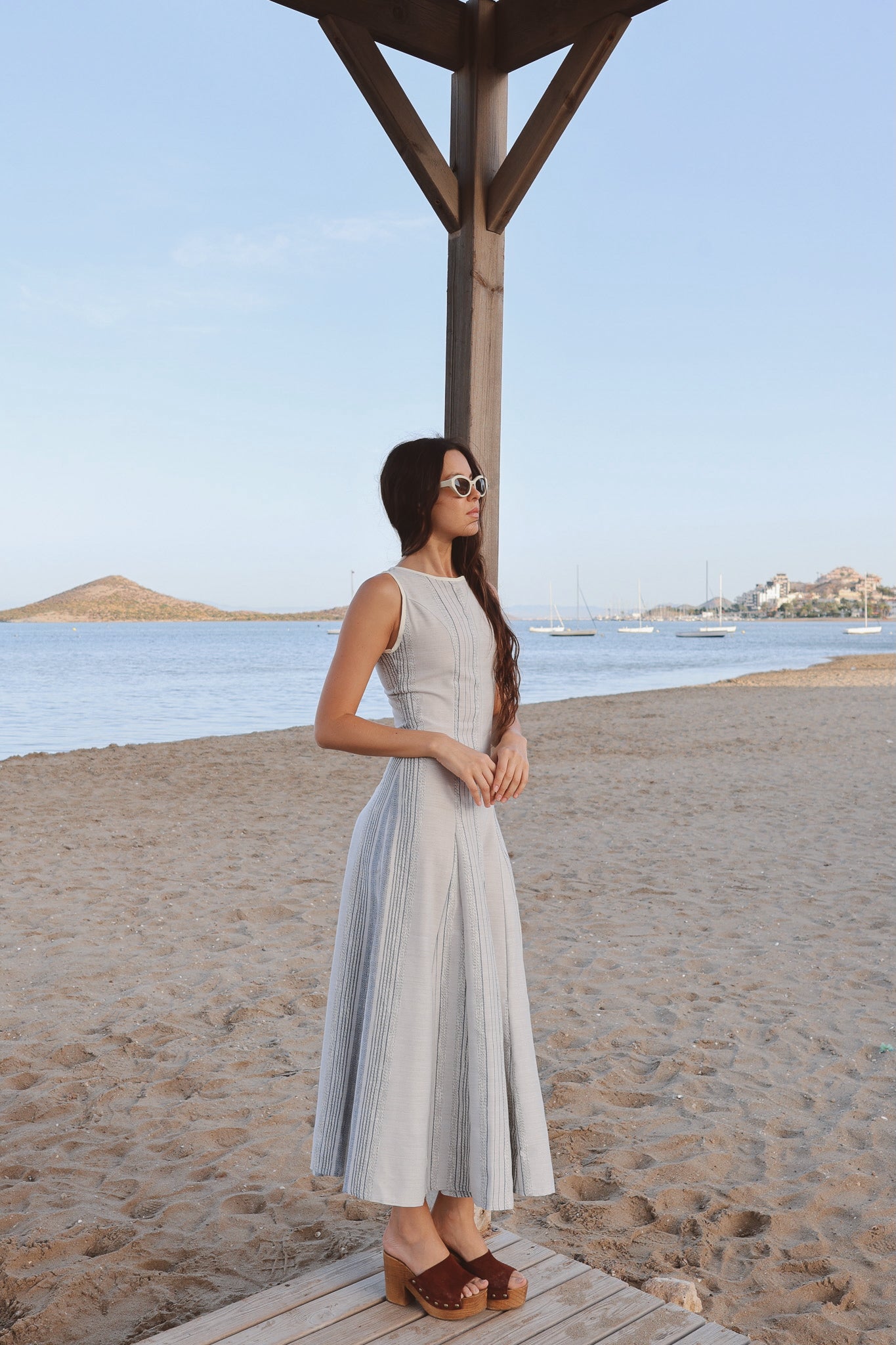 Vestido Cala Godetes Rayas Azul