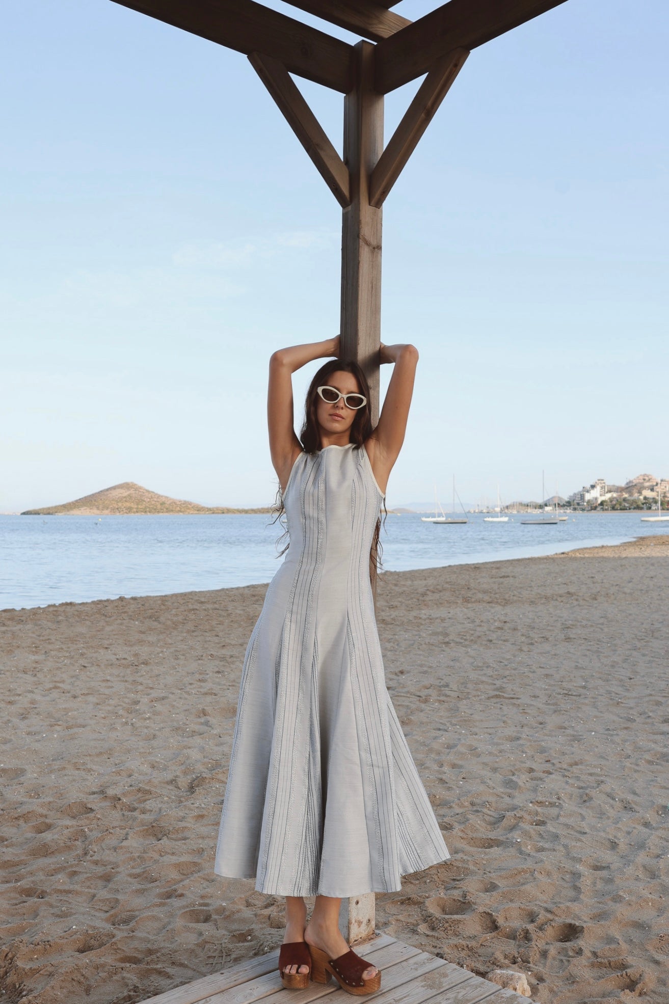 Vestido Cala Godetes Rayas Azul