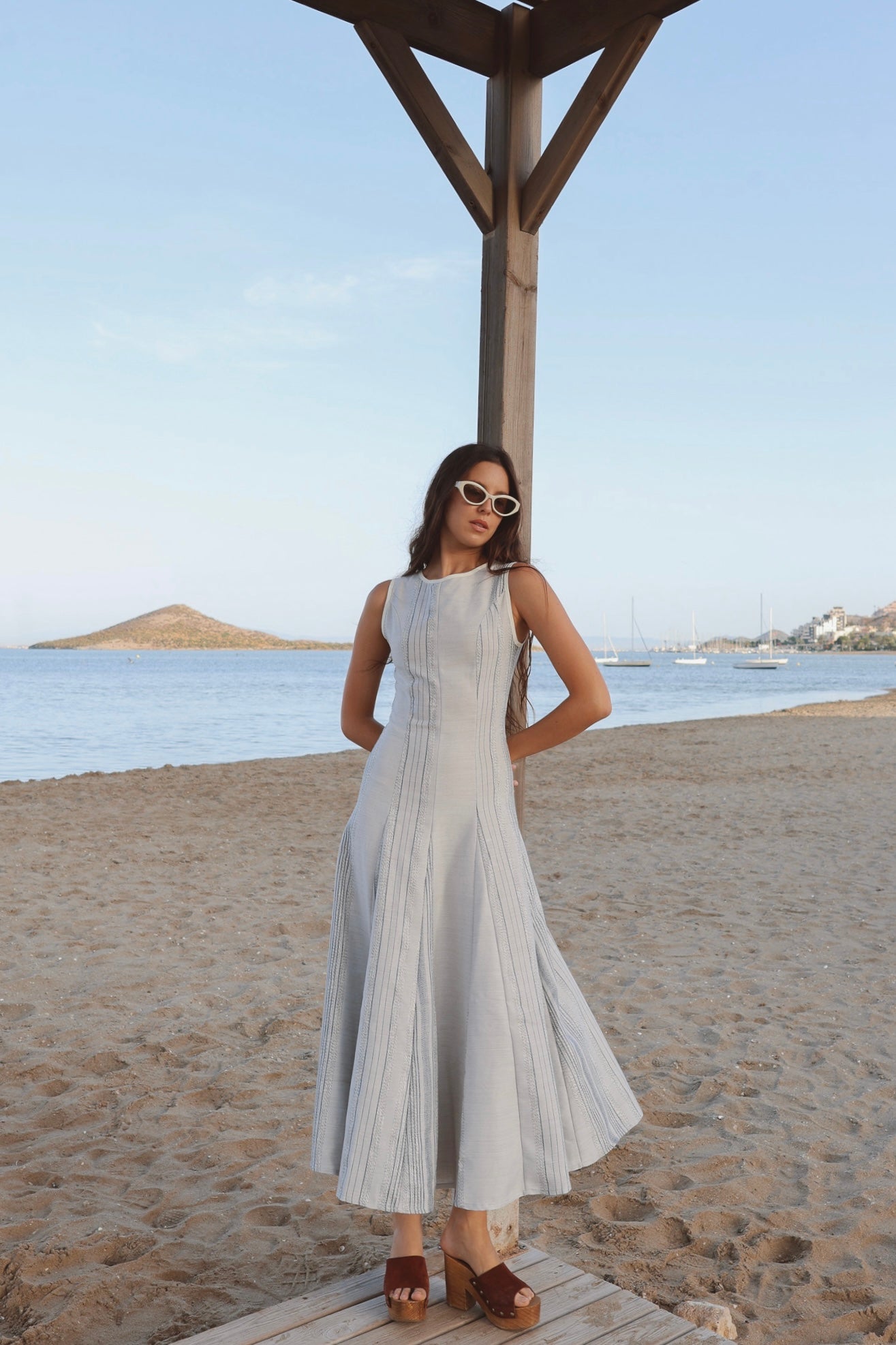 Vestido Cala Godetes Rayas Azul