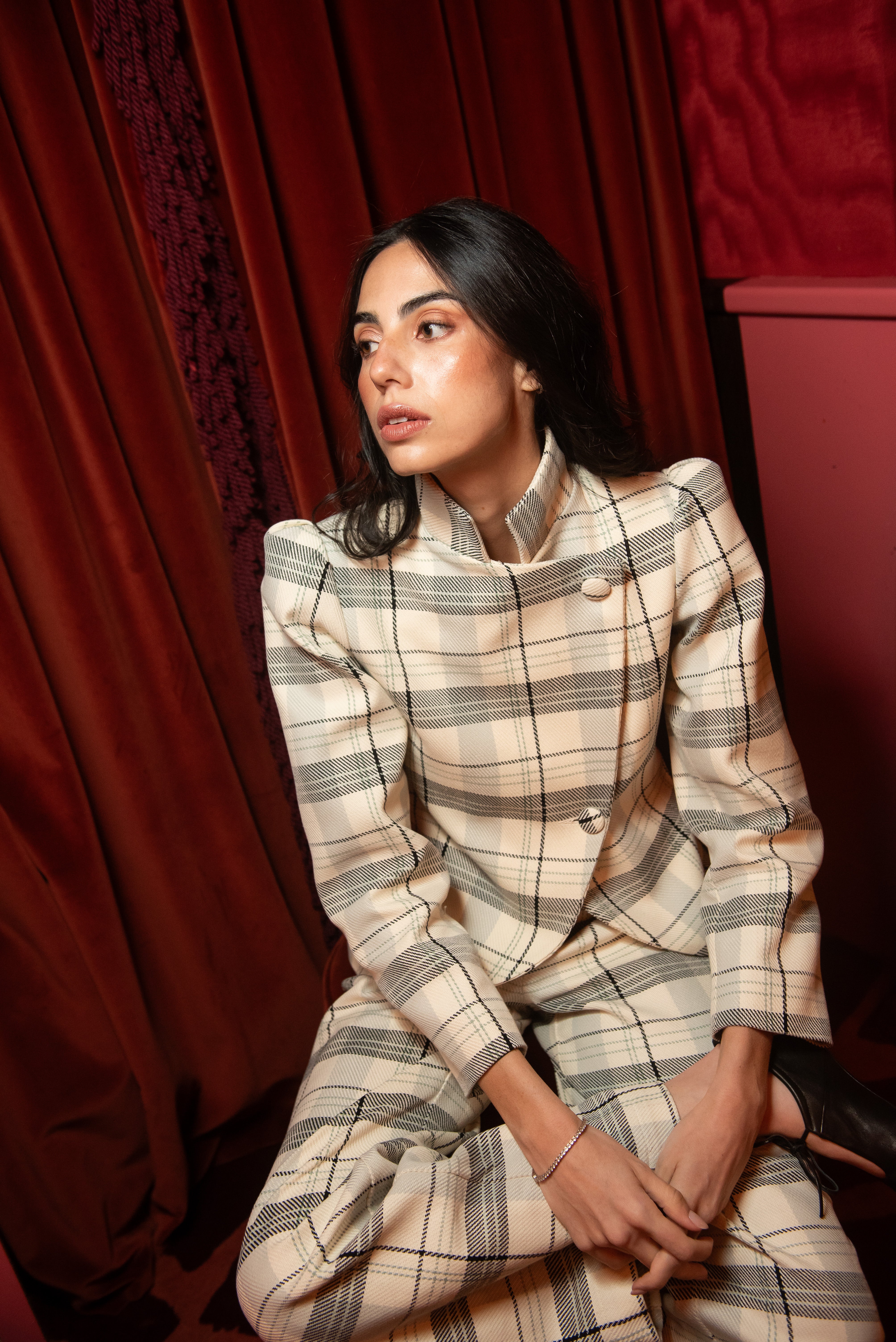 Chaqueta Frosted Cuadros Beige y Verde