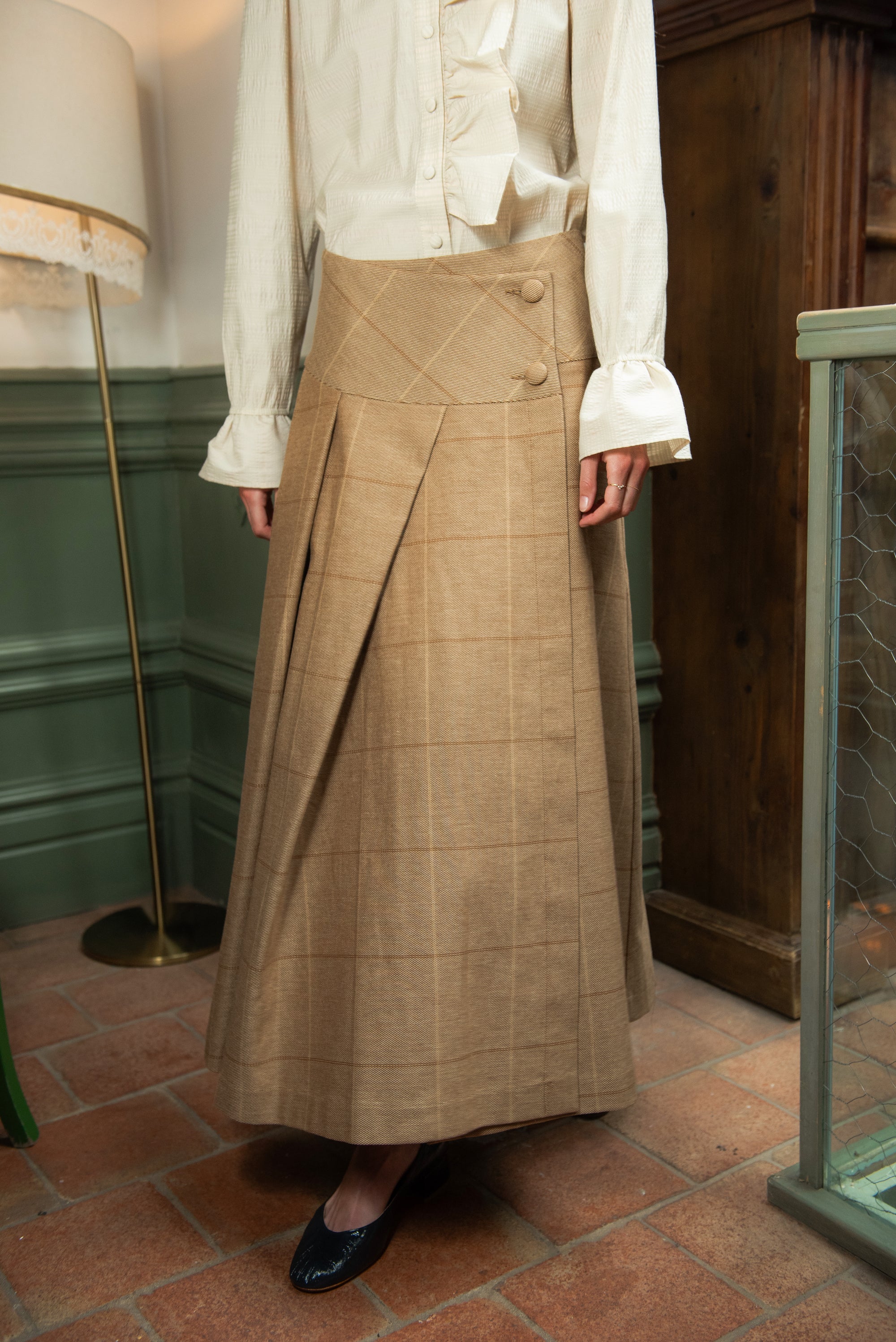 Beige Checkered Wrap Skirt