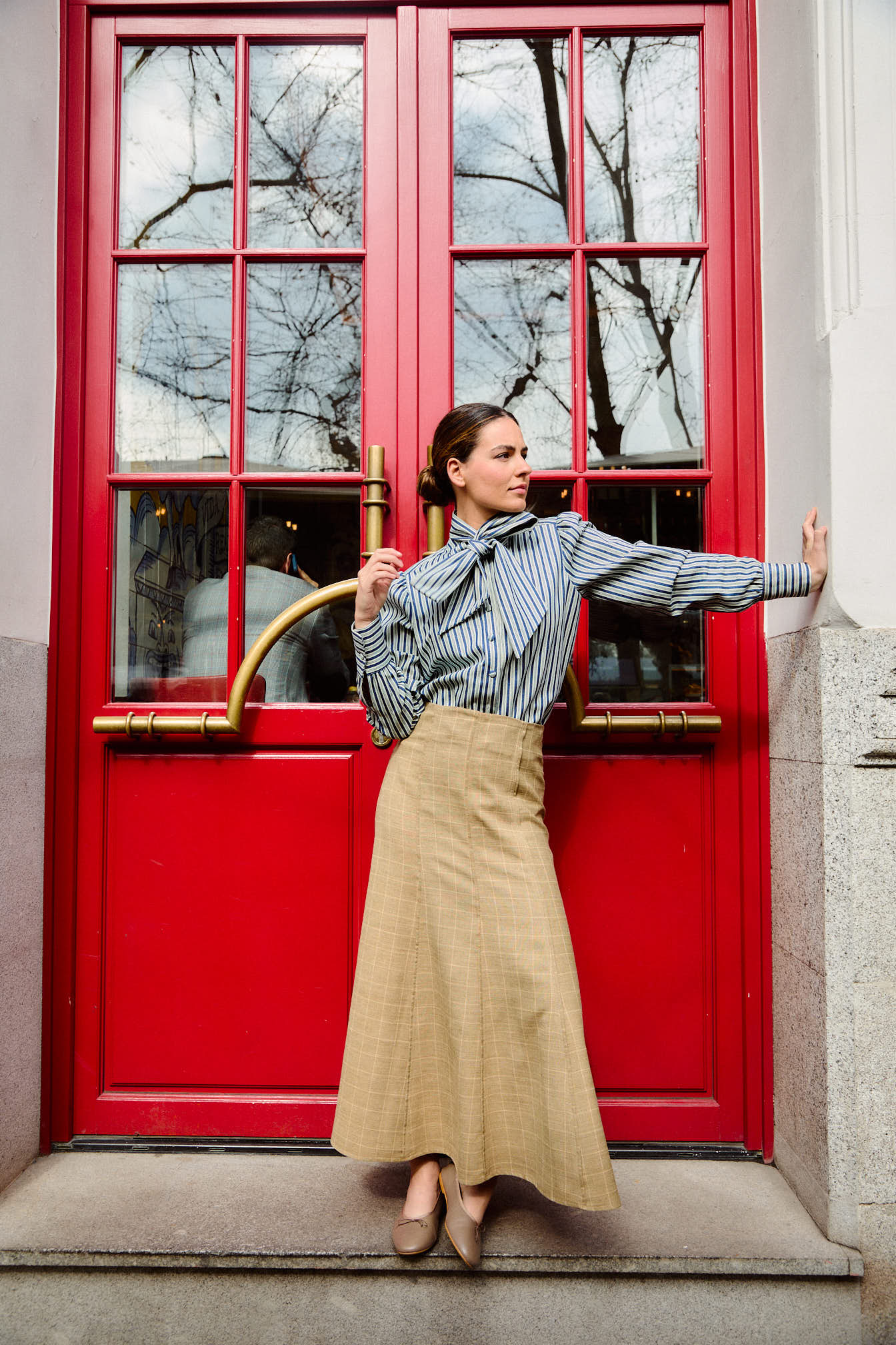 La Almudena Denim Striped Bow Blouse