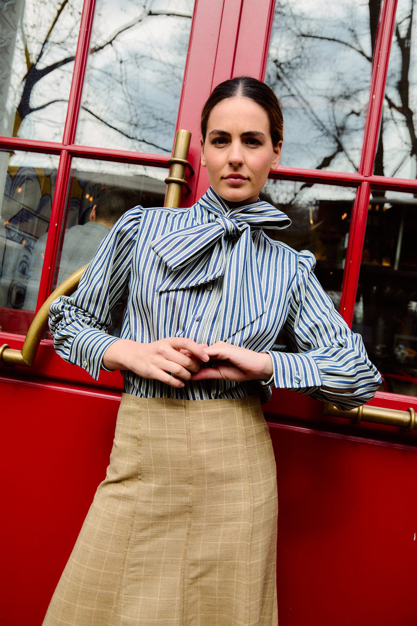 La Almudena Denim Striped Bow Blouse