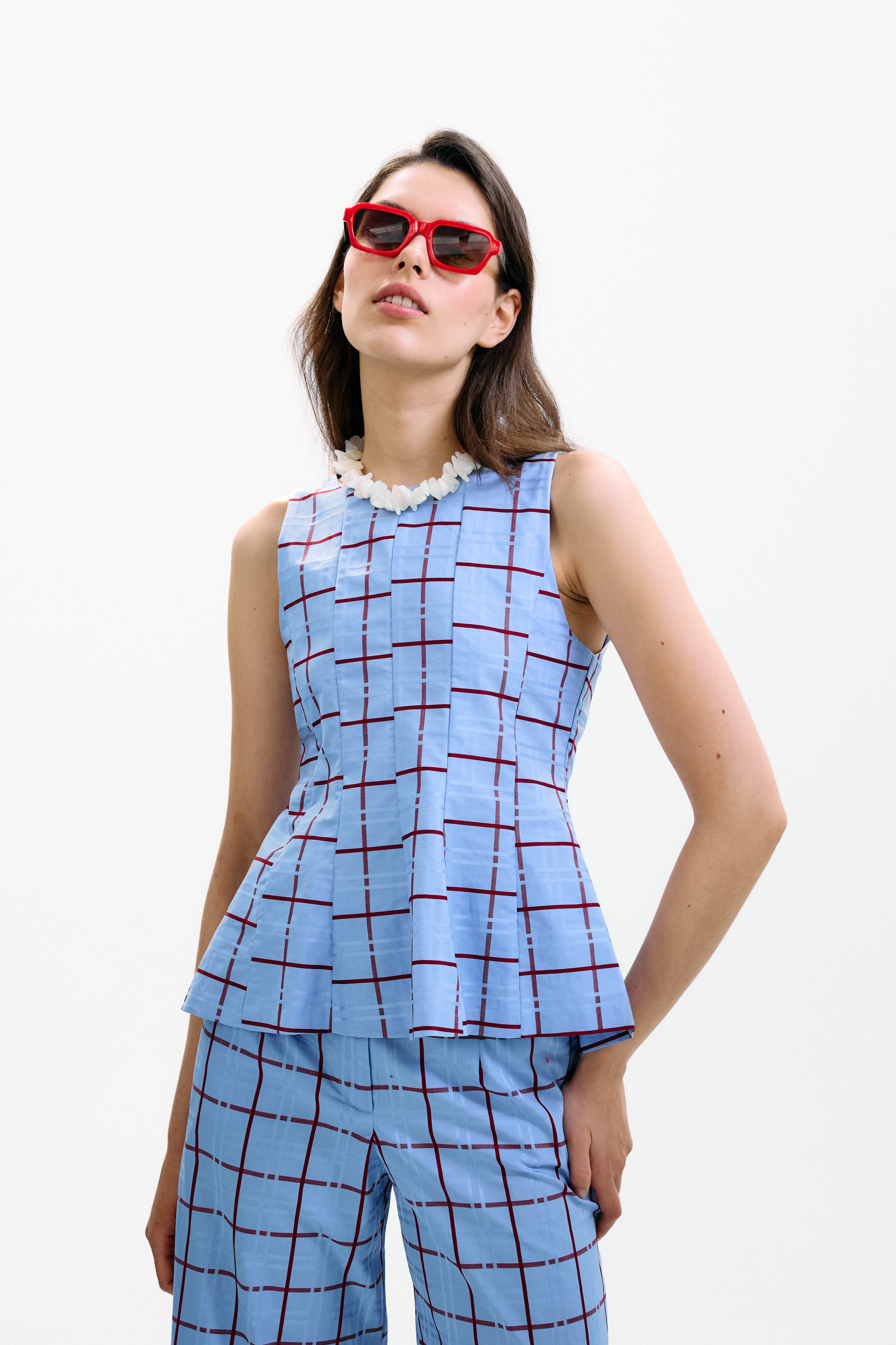 Top Lido Azul Cuadros Burdeos