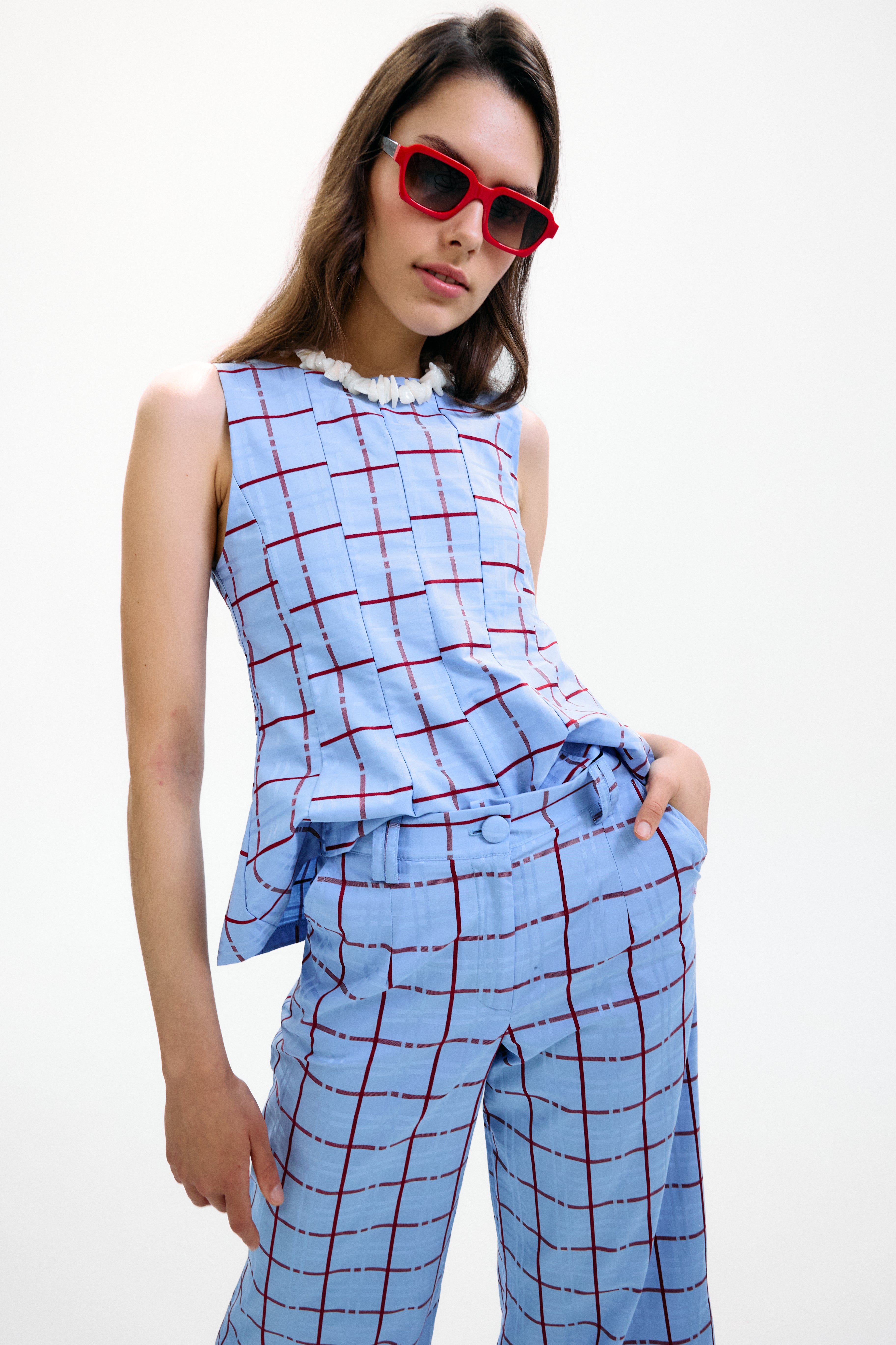 Top Lido Azul Cuadros Burdeos