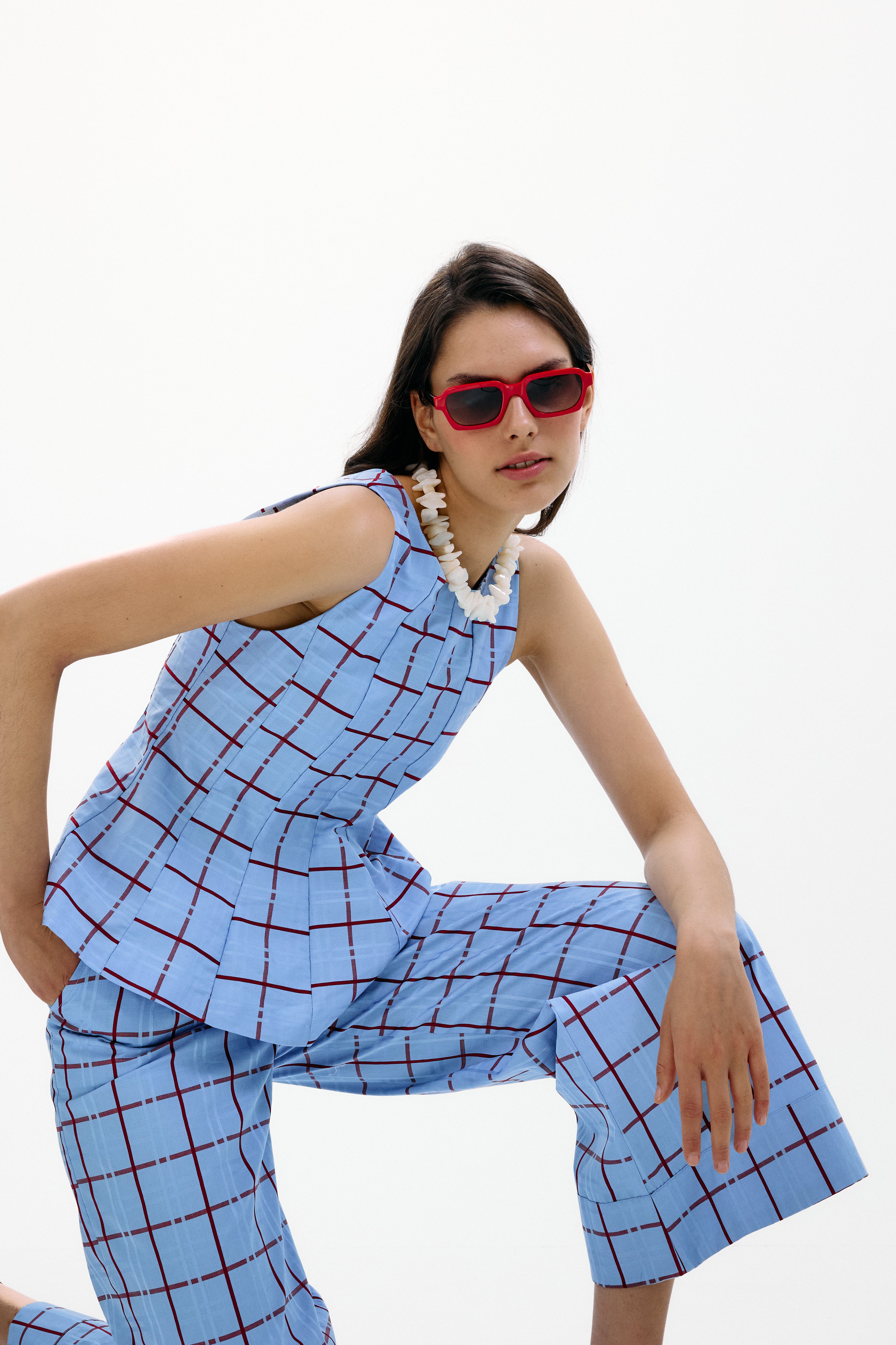 Top Lido Azul Cuadros Burdeos